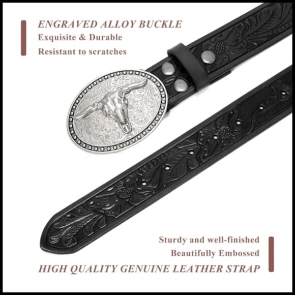 Embossed Leather Western Belt with Bull Buckle